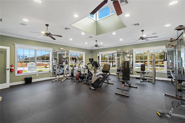 workout area with crown molding, baseboards, and visible vents