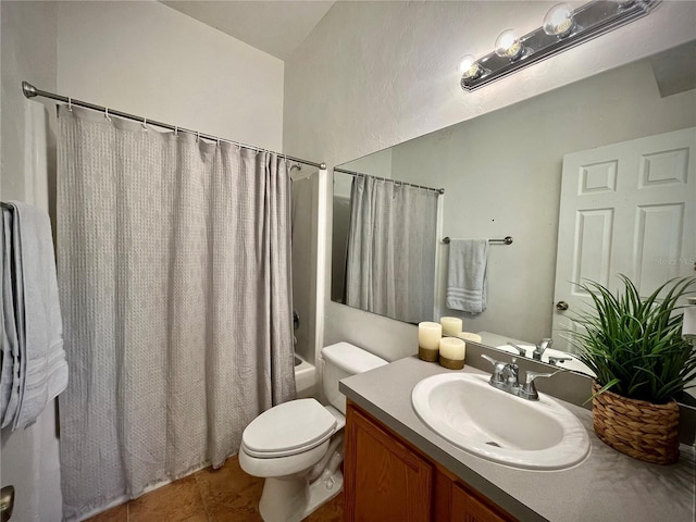 bathroom with tile patterned flooring, toilet, vanity, and shower / bath combination with curtain