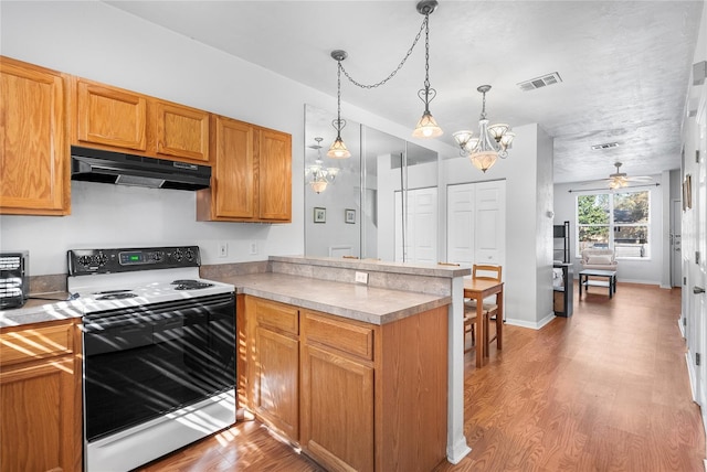 kitchen with visible vents, electric stove, under cabinet range hood, a peninsula, and light wood finished floors