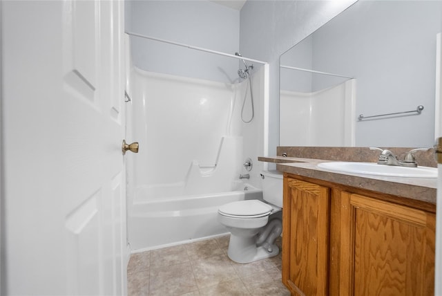 bathroom featuring vanity, bathing tub / shower combination, toilet, and tile patterned flooring