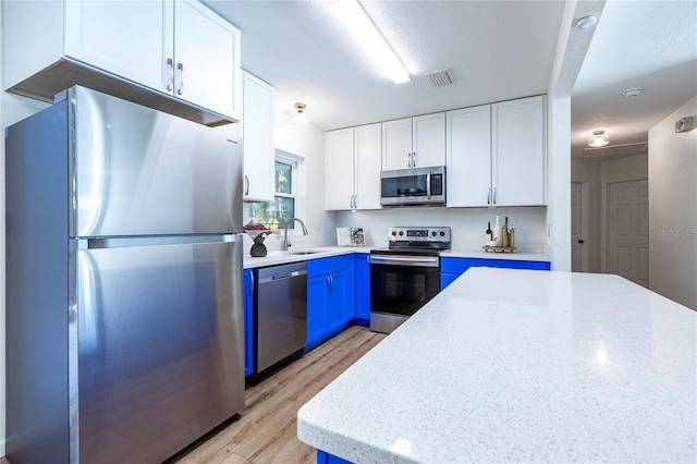 kitchen with light stone counters, a sink, stainless steel appliances, white cabinetry, and blue cabinets