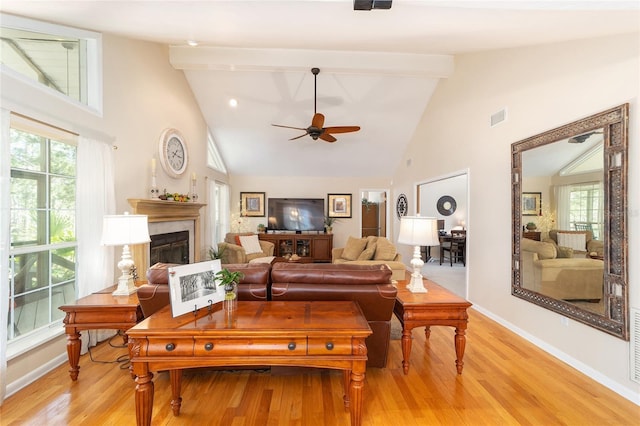 living room with baseboards, visible vents, beam ceiling, a glass covered fireplace, and light wood-type flooring