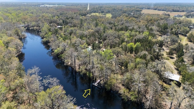 bird's eye view featuring a wooded view and a water view