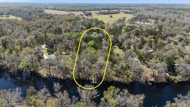 birds eye view of property featuring a wooded view and a water view