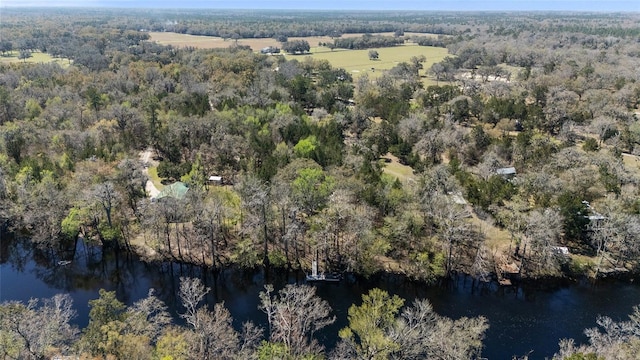 birds eye view of property featuring a forest view and a water view