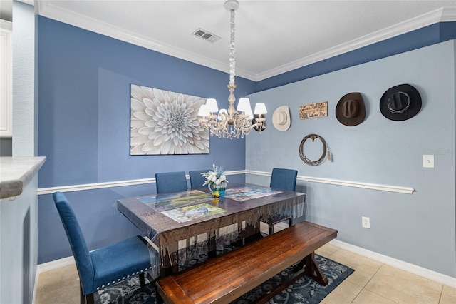 dining space featuring baseboards, visible vents, an inviting chandelier, light tile patterned flooring, and crown molding