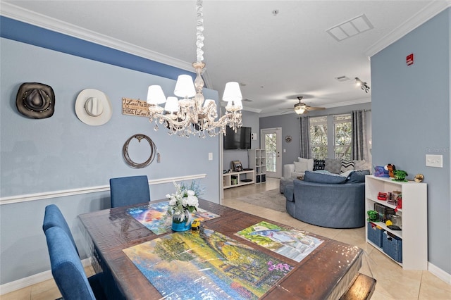 dining room featuring visible vents, ornamental molding, an inviting chandelier, light tile patterned floors, and baseboards