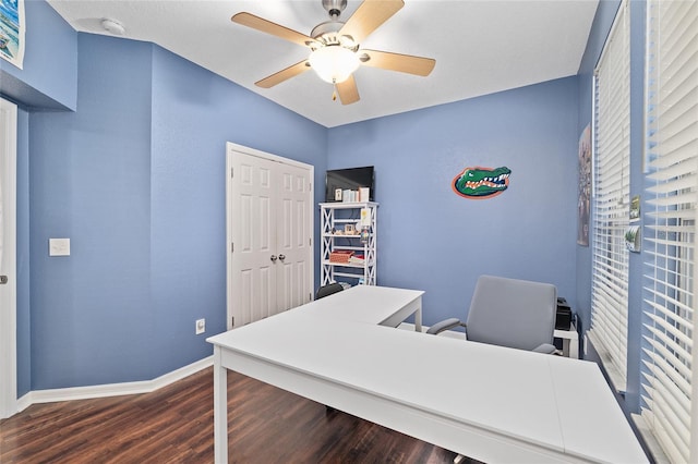 home office featuring a ceiling fan, dark wood-type flooring, and baseboards