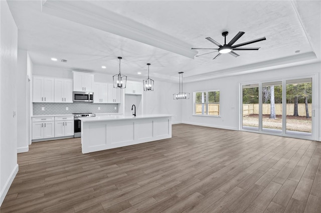 kitchen with tasteful backsplash, wood finished floors, open floor plan, white cabinetry, and appliances with stainless steel finishes