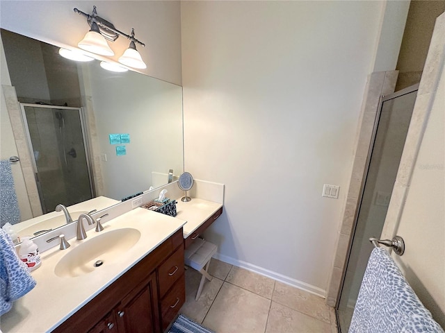 bathroom with tile patterned flooring, a stall shower, vanity, and baseboards