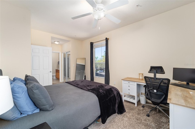 bedroom with a ceiling fan and light colored carpet