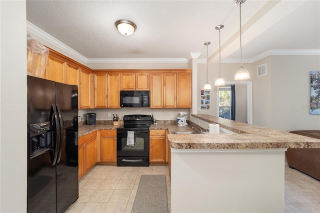 kitchen with light tile patterned floors, visible vents, a peninsula, black appliances, and crown molding