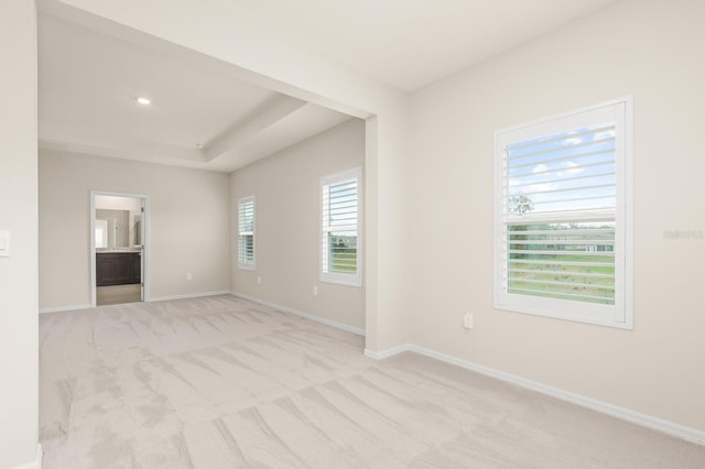 spare room with baseboards, light carpet, and a raised ceiling