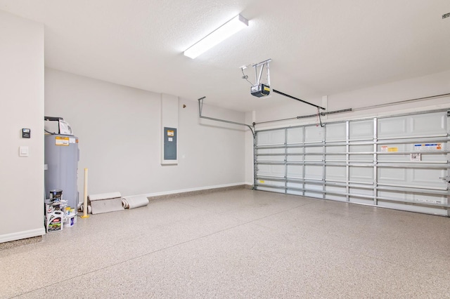 garage with electric panel, baseboards, a garage door opener, and water heater