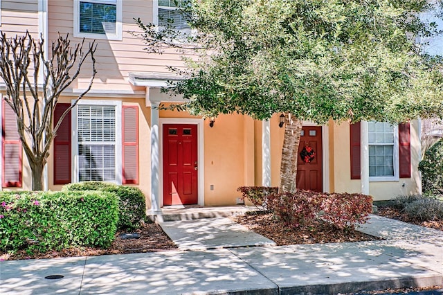 view of exterior entry with stucco siding