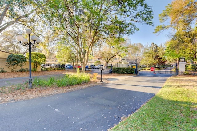 view of road with a gated entry, street lights, and a gate