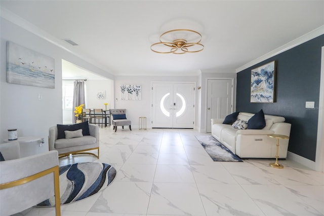 living area with baseboards, visible vents, marble finish floor, and ornamental molding