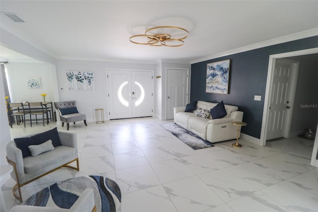 living area with visible vents, marble finish floor, and ornamental molding