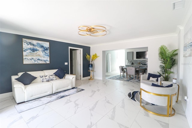 living area featuring baseboards, visible vents, marble finish floor, and ornamental molding