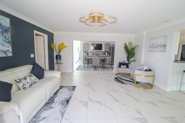 living room with baseboards, marble finish floor, and ornamental molding