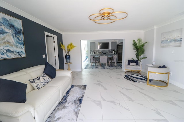 living room featuring baseboards, marble finish floor, and ornamental molding