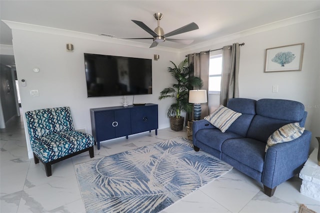 living room featuring visible vents, marble finish floor, a ceiling fan, and ornamental molding