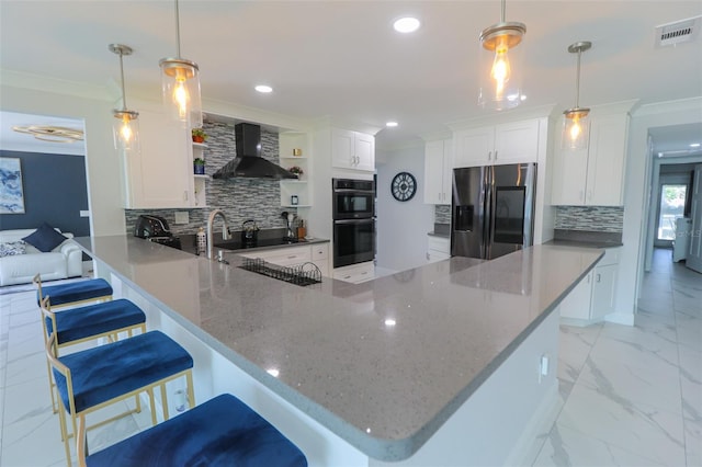 kitchen featuring visible vents, marble finish floor, black appliances, wall chimney exhaust hood, and open shelves