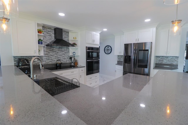 kitchen with black appliances, open shelves, wall chimney exhaust hood, white cabinets, and decorative backsplash