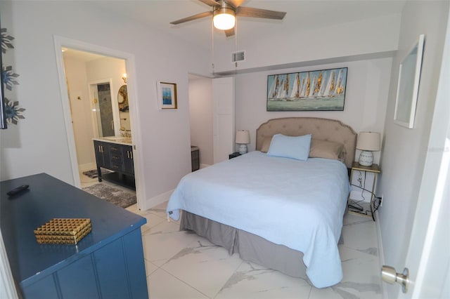 bedroom with a ceiling fan, visible vents, baseboards, marble finish floor, and connected bathroom