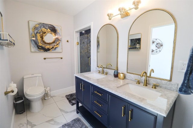 full bath with a sink, baseboards, marble finish floor, and double vanity