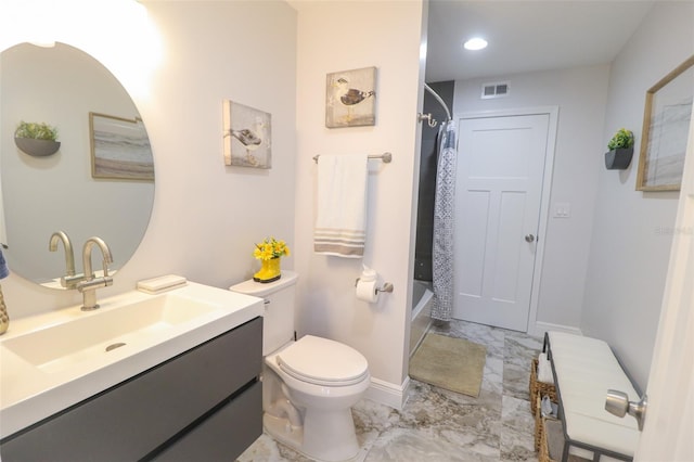 bathroom featuring visible vents, toilet, marble finish floor, shower / bath combination with curtain, and vanity