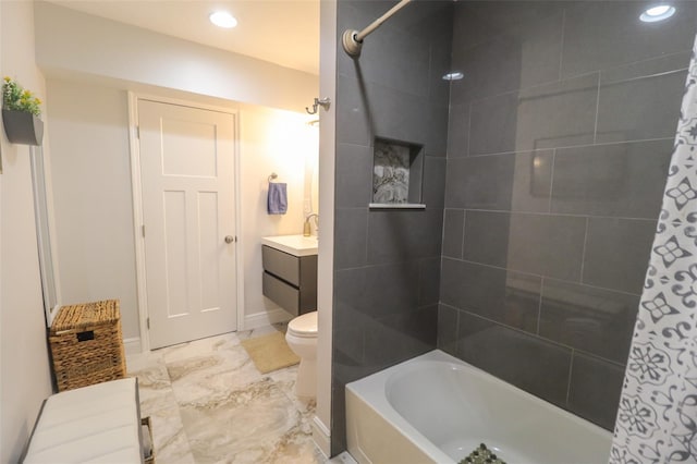 full bath with baseboards, toilet, recessed lighting, marble finish floor, and vanity