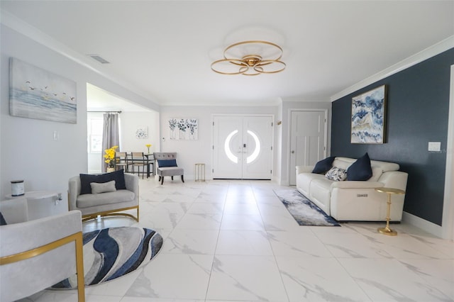 817 Blue Heron Blvd, Ruskin, FL 33570 - foyer entrance featuring ornamental molding and marble look tile flooring