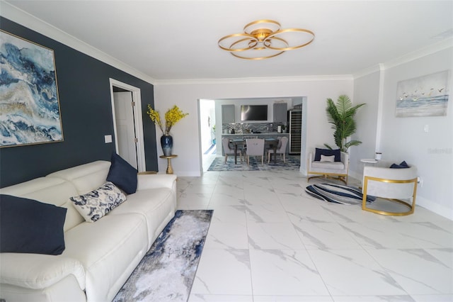 817 Blue Heron Blvd, Ruskin, FL 33570 - living room with baseboards, marble look tile flooring, and crown molding