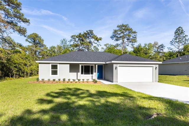 single story home featuring a garage, concrete driveway, a front yard, and stucco siding