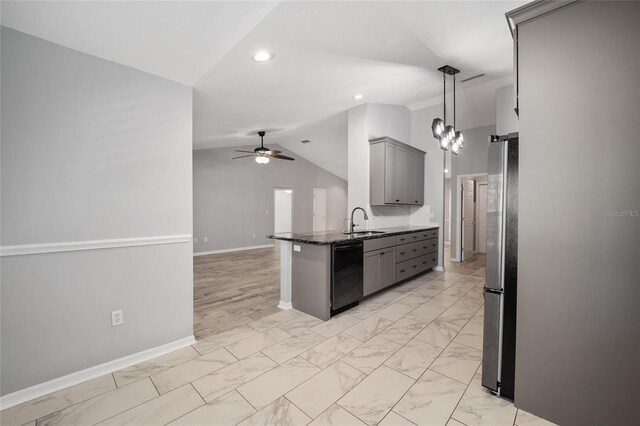 kitchen featuring marble finish floor, gray cabinets, a sink, freestanding refrigerator, and dishwasher