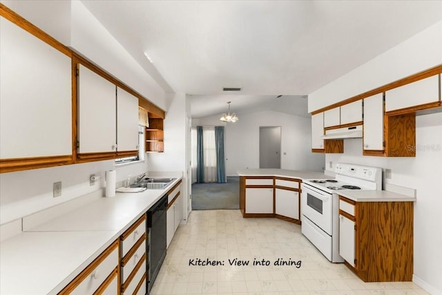 kitchen with under cabinet range hood, light countertops, black dishwasher, vaulted ceiling, and electric range