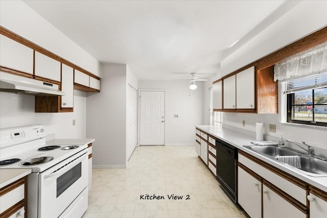 kitchen featuring dishwasher, light countertops, white electric range oven, white cabinets, and a sink