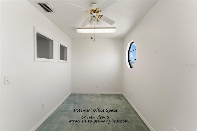 empty room featuring visible vents, baseboards, carpet, and ceiling fan