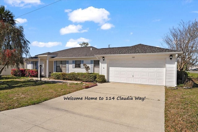 ranch-style house featuring a front lawn, concrete driveway, and a garage