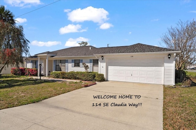 ranch-style house featuring driveway, a front lawn, and an attached garage