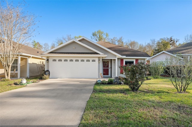 single story home featuring an attached garage, concrete driveway, and a front lawn