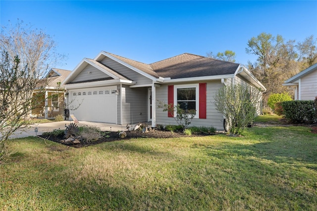 ranch-style home featuring a front yard, a garage, driveway, and a shingled roof