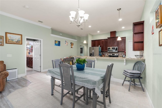 dining space featuring baseboards, visible vents, light tile patterned flooring, recessed lighting, and ornamental molding