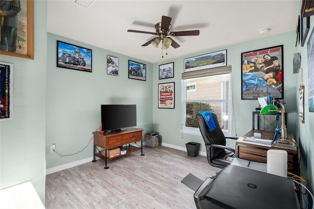 office area featuring visible vents, light wood-style flooring, a ceiling fan, and baseboards