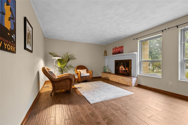 sitting room featuring light wood-style flooring, baseboards, and a premium fireplace