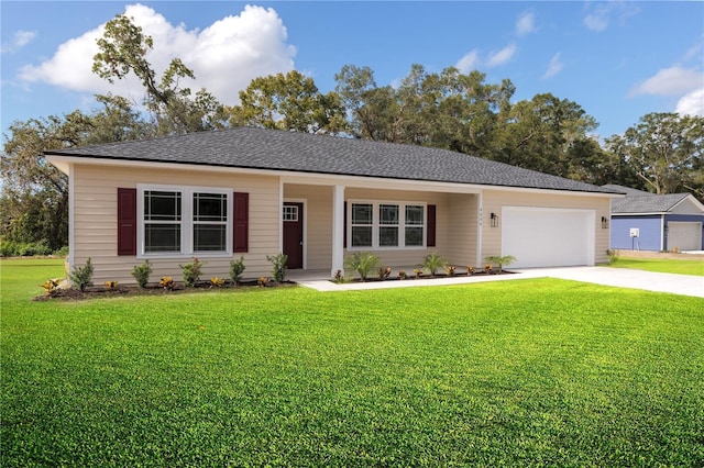 single story home with a front yard, concrete driveway, a garage, and roof with shingles