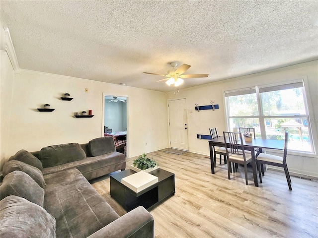 living area with crown molding, a ceiling fan, light wood-type flooring, and a textured ceiling