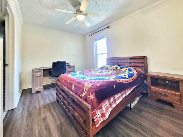 bedroom with crown molding, a textured ceiling, and dark wood-type flooring