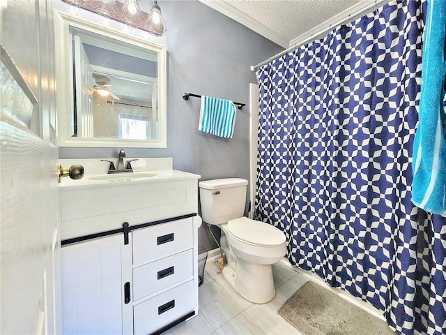 bathroom featuring toilet, ornamental molding, a textured ceiling, a shower with shower curtain, and vanity